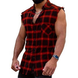 YAOKUBO Men's Sleeveless Flannel Shirt - Plaid Design for Summer Wear Casual Button-Down Vest Shirts Red