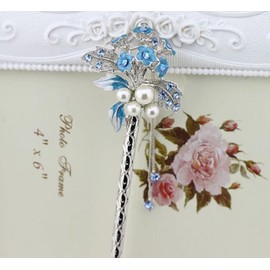 Miaomyao Kanzashi Hair Ornament, Kimono, Pearl, Bijou, Flower, Bouquet, Hair Accessory, Silver (Blue)