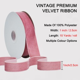 RIBBOOO Pink Velvet Ribbon 2.5 cm x 10 yds, Vintage Velvet Ribbon for Christmas, Wreath Bows Decoration, Craft Gift Packaging, Valentine's Day Bouquet Packaging