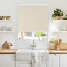 ChrisDowa Cordless 100% Blackout Roller Shade, with Striped Jacquard, Thermal Insulated, UV Protection Fabric, Total Blackout Blinds for Window, French Doors, Home and Office. Beige, 45" W x 72" H