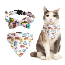HACRAHO Bow Tie Cat Collar Bandana, 2 Pieces Adjustable Cat Collar Bandana Bells Set Cat Collars with Bells Detachable Bow Tie Bandana for Kitten and Puppies, Donut