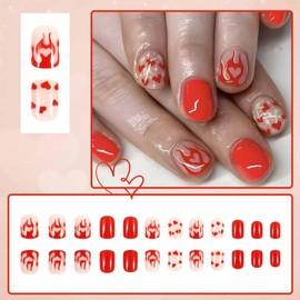 LBPEPAMZ 24Pcs Valentine's Day Press on Nails Short Square Fake Nails with Red Flame Heart Designs Bling Star Full Cover Acrylic Nails False Nails Pink Nude Glossy Stick on Nails for Women Girls Decor