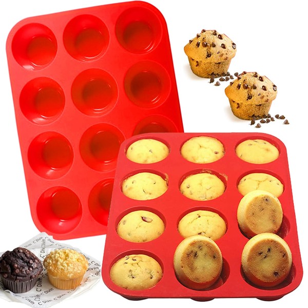 Lithyc 2 x Muffin Moulds - Silicone Muffin Tray - Cupcake and Muffin Moulds, Non-Stick Muffin Tray for Muffins, Cupcakes, Brownies, Pudding (Red)