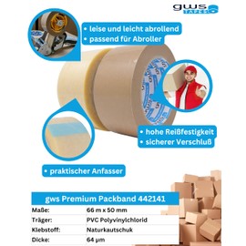 gws Premium PVC Parcel Tape - Strong Packaging Tape for Very Heavy Packages, Lightweight & Quiet Unrolling, Thickness 65 μm (2 Rolls, Clear, 66 m x 50 mm)