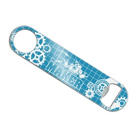 Maker Blueprint Design with Robot and Gears Stainless Steel Vinyl Covered Flat Bartender Speed Bar Bottle Opener