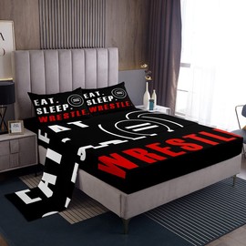 Wrestle Bed Sheet Set Sports Theme Sheets Set Twin Size for Kids Boys Girls Teens Room Wrestling Decor Sheets with Deep Pocket Fitted Sheet Super Soft Bed Set 3Pcs