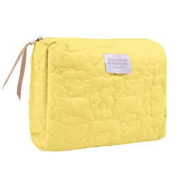 Kallsi Makeup Bag for Women, Quilted Cosmetic Bag, Travel Pouch, Cute Make Up Bags Organizer, Preppy Toiletry Bag with Zipper Yellow