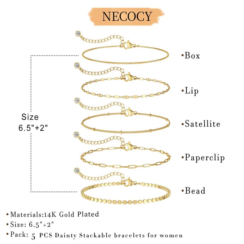 NECOCY Dainty Gold Bracelets for Women 14K Real Gold Plated