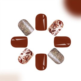 24Pcs Fall Press on Nails Short Square Fake Nails Brown Nails Press Ons Flower False Nails Glitter with Design Acrylic Nails Full Cover Stick on Nails Autumn Nails for Women Manicure 24Pcs