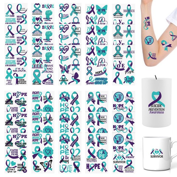 WANDIC 30 Sheets Suicide Prevention Awareness Temporary Tattoos, Purple and