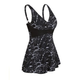 Septangle - Traje de baño de una pieza con falda, talla grande, traje de baño con control de abdomen, Negro y mármol, 10