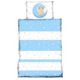 one-home Kinder Baby Bettwäsche 100x135 cm + 40x60 cm Teddy Bären Sterne Mond für Jungen und Mädchen weiche Mikrofaser Kinderbettwäsche Set, Farbe:blau