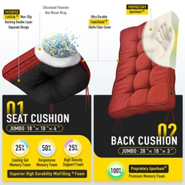 SUNROX Memory Foam Jumbo Rocking Chair Cushions, FadeShield Water Resistant Non Slip Durable Tufted Pads, Set of Seat & Back Cushion with Ties for Indoor/Outdoor Rocker, 2 Piece, Burgundy