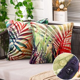 Set of 2 Cushion Covers, Tropical Leaves, 40 x 40 cm, Outdoor Cushion Covers, Waterproof Decorative Cushion Cover, Summer Linen Decorative Cushion for Sofa, Cars, Living Room, Bedroom, Office Decor