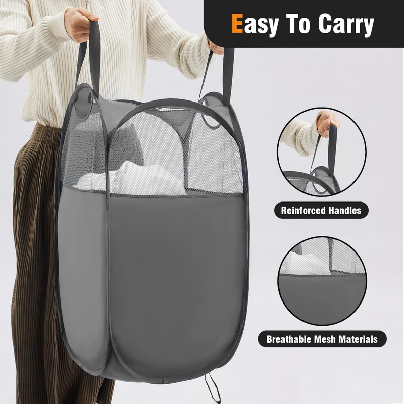 TECHMILLY Pop Up Foldable Laundry Basket, Mesh Laundry Hamper with
