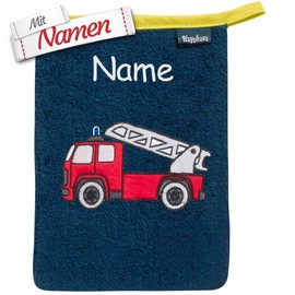 Children's Fire Brigade Wash Mitt Embroidered with Name, Boys Baby Toddler Wash Cloth for Bathing, Gift for Birth, Christening, Easter, Santa Claus