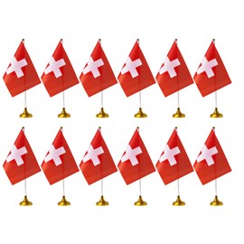 ZXvZYT Switzerland Flag Swiss Desk Flag Small Mini Swiss Table Office Flags With Stand Base Decorations (12 Pack)