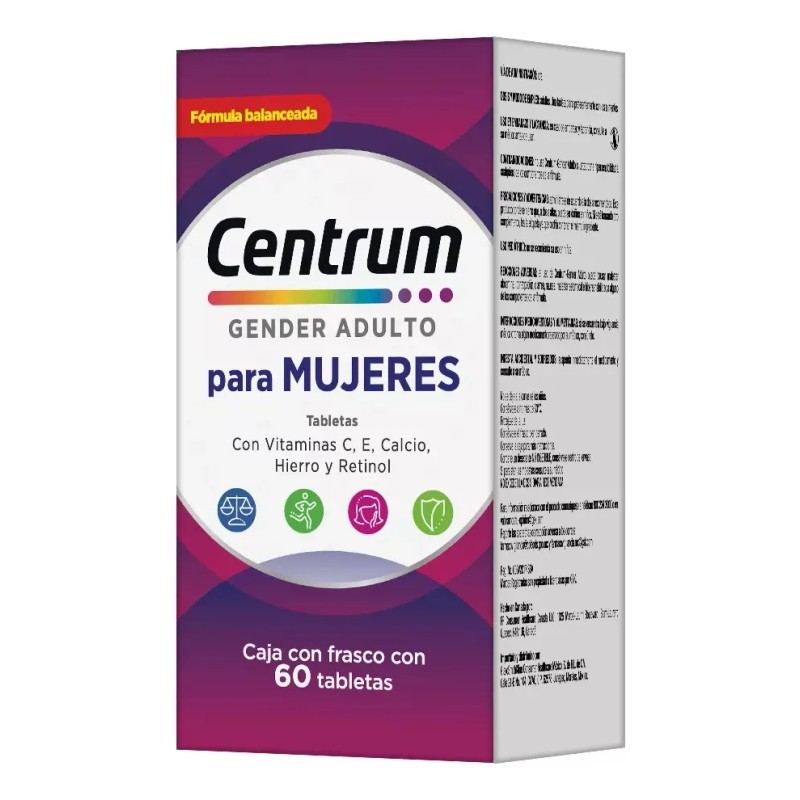 Frasco Multivitamínico Centrum Mujer Vitamina Calcio Hierro Retinol Tabletas Sabor