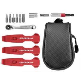 GEDORE red 13 Piece Bicycle Travel Tool Set Tyre Change Bits Ratchet Adapter Socket Repair Kit with Saddle Bag R21702013 Black/Red
