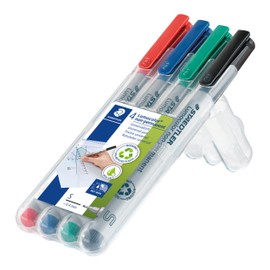 STAEDTLER Universalstift Lumocolor non-permanent, feucht abwischbar, für fast alle Oberflächen, Linienbreite ca. 0,4 mm, 4 Folienstifte in sortierten Farben, 311 WP4