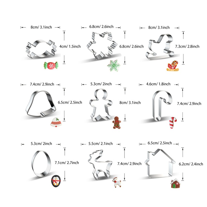 WDYJMALL Christmas Cookie Cutters 9-Pc Set - Candy Snowflake Sleigh