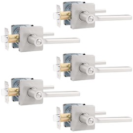 Probrico (5 Pack Square Door Lever Interior Bedroom or Bathroom Lever Door Handle, Privacy Door Lever in Satin Nickel,with Locking Keyless Lever for Right & Left Sided Doors Heavy Duty