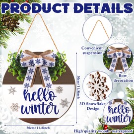 Moucuny Hello Winter Door Sign for Front Porch Christmas Snowflake Wooden Hanging Wreath Sign Christmas Door Hanger Welcome Navy Blue Sign with Bow Farmhouse Winter Sign for Christmas Home Porch Decor