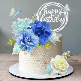 19 piezas de decoración de mariposa para pasteles, decoración de feliz cumpleaños con rosas artificiales azules, mariposas, eucalipto, suministros para fiesta de cumpleaños, boda, baby shower (azul)