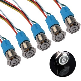 JIQI 5 x 16 mm latching pressure switch, metal, 12 V to 24 V, 3 A, latching on/off switch with white LED symbol, IP66, 1NO1NC, self-locking waterproof pre-wired push button for boat, truck, RV, car