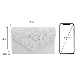 MEGAUK Women's Glitter Clutch Satin Rhinestone Clutch Bag with Removable Chain for Wedding Ball Banquet Prom Party, White