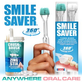 SMILE SAVER 360° 3-Sided Toothbrush 2PK + Toothpaste Tablets + Zing Stix Infused Toothpicks | Gum Massage & Tongue Cleaner | Teal & White Heads - Clear Handles - Peppermint