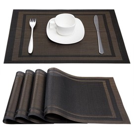 DACHUI Placemats Set of 6, Linen Look Woven Place Mats, Water Resistant, Heat Resistant, Washable, Durable Table Mats (Black Gold)