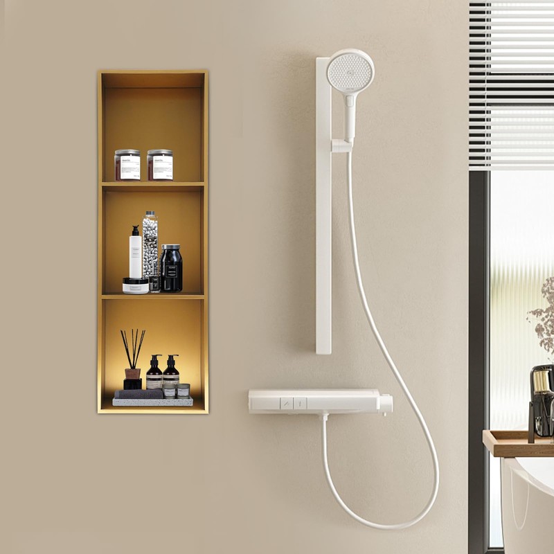 BIXIBIN 3-Tier Recessed Bathroom Shower Shelf in Titanium Gold, Stainless