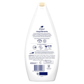 Dove Bagnodoccia Riequilibrante, Idratante Dermo-Naturale, Burro di Karité e Vaniglia, 1/4 Crema Idratante, Dermatologicamente Testato, Bagnoschiuma Uomo e Donna, 100% Bottiglia Riciclata* 450ml