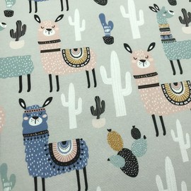 Kt KILOtela - Linen fabric digitally printed - Half Panama - decoration, cushion - patchwork 100 cm length x 280 cm width, flames, cactus - pink, blue, grey - 1 metre