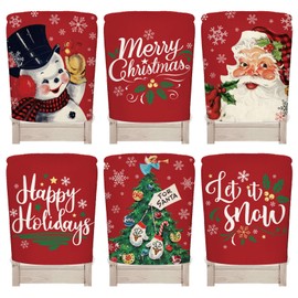 JarThenaAMCS 6Pcs Christmas Chair Back Cover Red Watercolor Santa Xmas Tree Snowman Seat Covers Dining Chair Slipcover Protector for Holiday Party Home Kitchen Decor