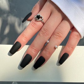 Mkwntg Black Press on Nails Medium Square Fake Nails Matte Solid Color Glue on Nails Ballerina Pure Black False Nails Reusable Full Cover Artificial Acrylic Nails for Women Girls Nail Decoration 24Pcs