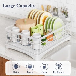 Dish Drying Rack - Stainless Steel Dish Rack for Kitchen Counter, Large-Capacity Dish Drainer with Cutlery Holder, Kitchen Organizer for Dishes, Spoons and Forks, White