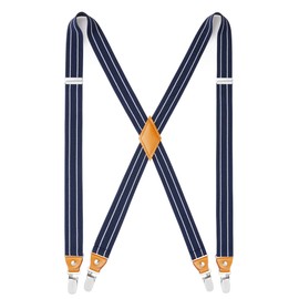 HISDERN Braces for Men Wide 2.5 cm with Very Strong 4 Metal Clips Elastic and Adjustable Men's Braces X-Shape, Z4-White/Blue -01