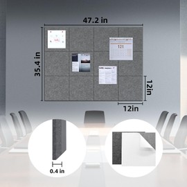 Ginchain Large Cork Board for Wall, 48 x 36 in Grey Felt Board Wall Tiles, 12 Pack Self Adhesive Bulletin Board, Soundproof Acoustic Panels Cork Boards with Pushpins for Office