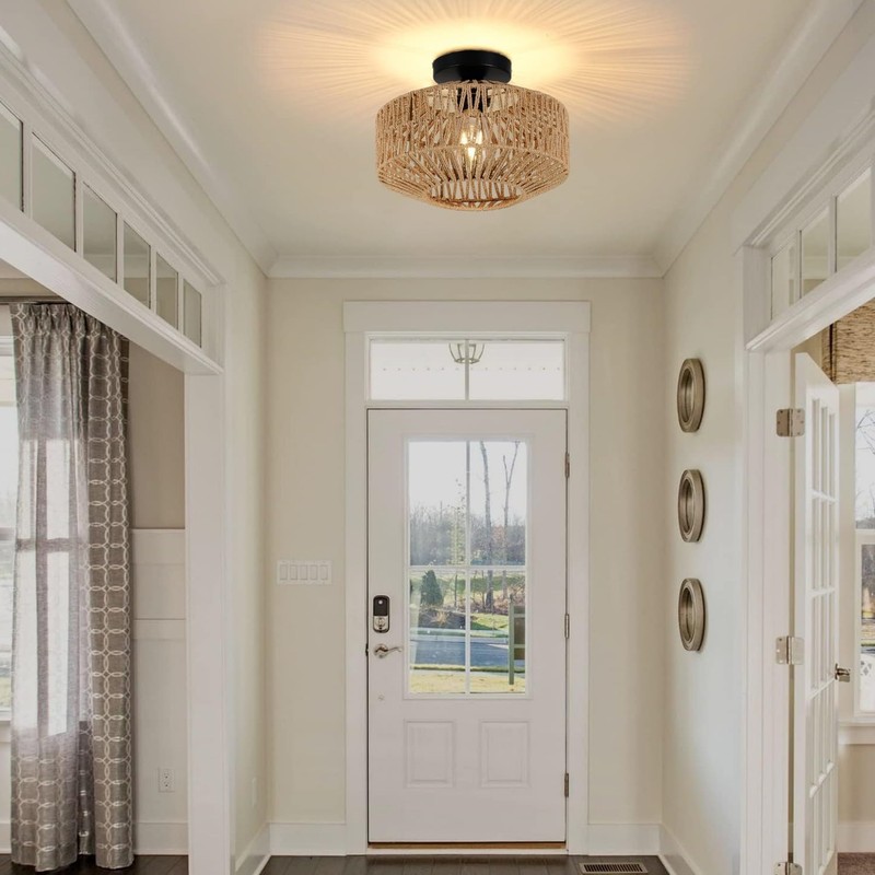 SEIHONG Rattan Ceiling Light Rustic Semi Flush Mount Ceiling Light