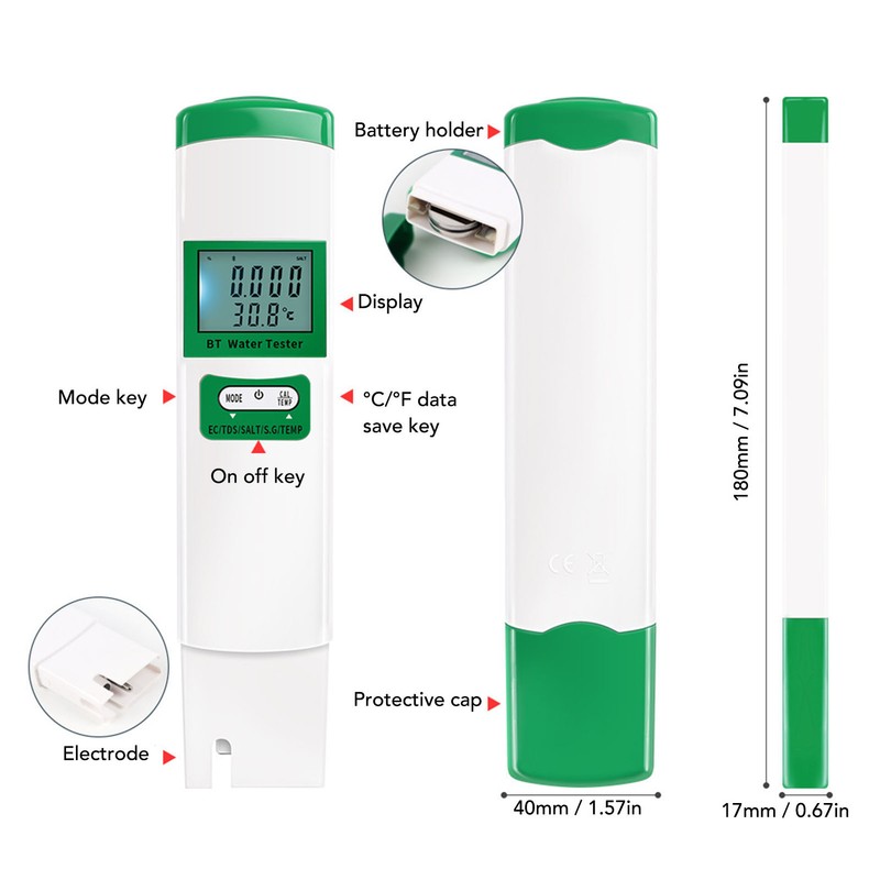 Bluetooth Water Tester EC TDS SALT S.G TEMP 5 in