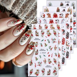 Christmas Nail Stickers for Nail Art 3D Self Adhesive Gold Silver Christmas Tree Nail Art Stickers Winter Snowman Nail Decals Xmas Red Fruit Tree Flower Bell Nail Design Stickers for Women 6sheets