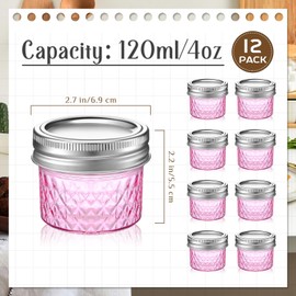 Zhehao 12 Pcs Mason Canning Jars 4 oz Jelly Jars with Regular Lids Mini Honey Jars for Wedding Shower Favors DIY Projects Candle Holding Spice Jam Fruit Smoothie Salad Dressing Ketchup (Pink)