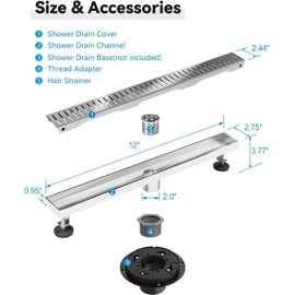 Shower Drain Stainless Steel for Bathroom: Brushed Nickel Linear Shower Drain 12 Inch with Removable Capsule Pattern Grate - Adjustable Rectangular Shower Floor Drain with Hair Strainer