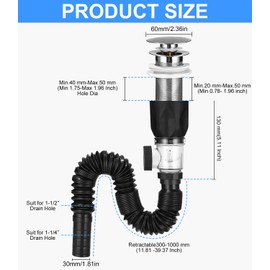Sink Drain Fitting, Drain Pipe Kit for Sink Drain, with Pop-Up Drain Plug and Flexible Drain Hose, Siphon Sink Kits for Bathroom, Toilet, Kitchen Sink, Extendible from 300 - 1000 mm