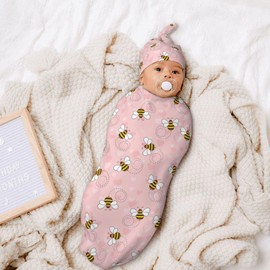 Cute Bee Baby Stuff Swaddle Blanket With Beanie Set, Soft Baby Swaddle Sack Newborn Sleeping Sacks For Girls Boys