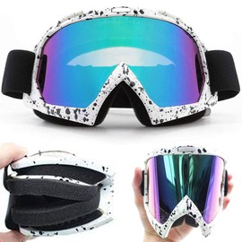 Motocross Motorcycle Goggles ATV Dirt Bike Off Road Racing MX Riding Goggle Anti-Scratch Dustproof Bendable UV400 Eyewear Padded Soft Thick Foam Glasses (White-Black Spot Multicolor)