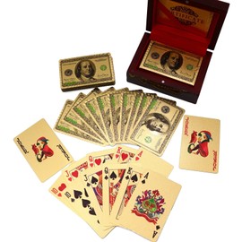 Deck of 24k Gold Foil Plating Poker Plastic Playing Cards with Mahogany Wood Box Includes Certificate of Authenticity Double Sided Color Printed Rendered Etching $100 Benjamin Franklin Logo Design