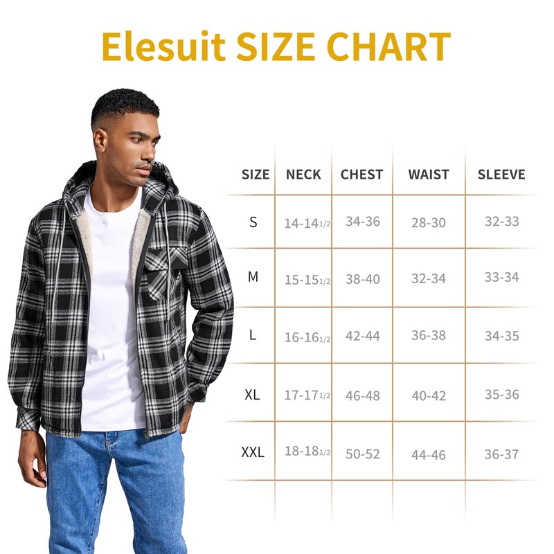 Elesuit Men's Full Zip Fleece Flannel Jackets Shirt Plaid Cotton